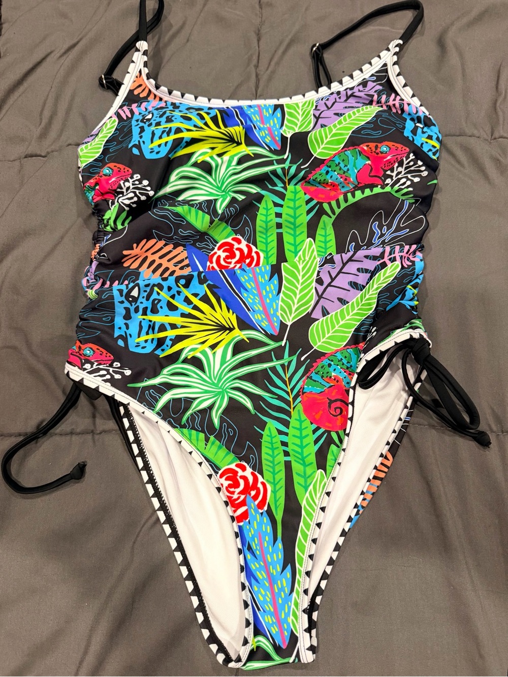 Amazon Women's Black One-Piece Swimsuit with Multicolor Tropical Print